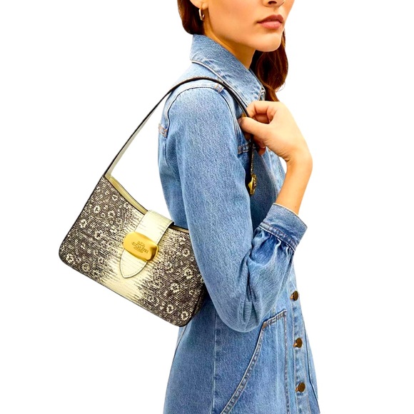 COPY - COACH CR352 LIZARD EMBOSSED LEATHER ELIZA SHOULDER BAG BLACK/GOLD/NATURA… - Picture 6 of 6